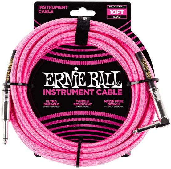 Ernie Ball 10 ft Braided Straight Angle Instrument Cable - Neon Pink