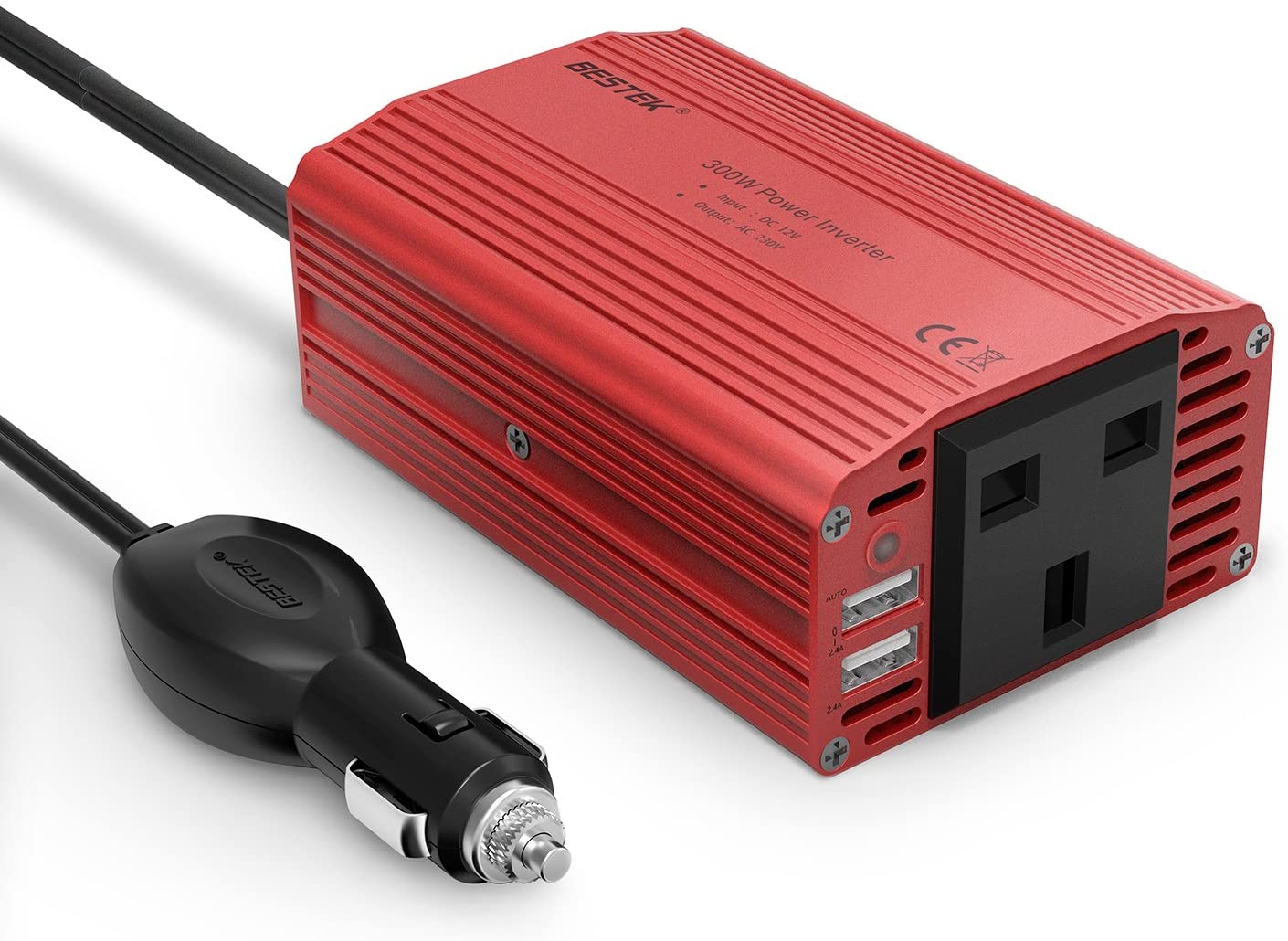 BESTEK 300W Power Inverter DC 12V to 230V AC Converter with AC Outlet and 4.8A Dual USB Car Charger, Red, MRI3013BU-UK