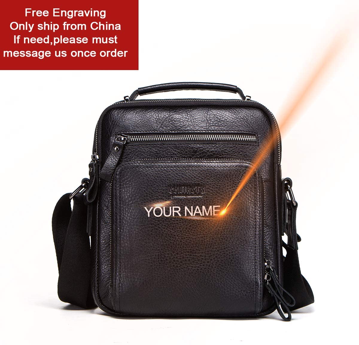 Shoulder Bag Mens Genuine Leather 7.9'' Mini Laptop Bag Tote Travel Small Crossbody Messenger Bag Multifunction Office Handbag(Black) - Image 2