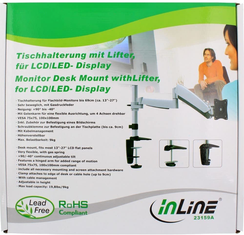 InLine 23159A Desk Mount with Lifter, Movable, for Monitors up to 68 cm (27 Inches), Max. 9 kg, silver - Image 4