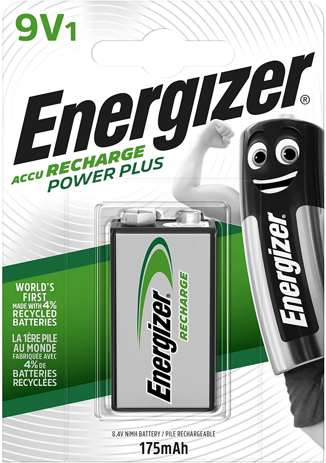 Energizer Recharge Power Plus, Rechargeable 9V Battery (1 Pack), 175 mAh NiMH, Fire Alarms, Smoke Detectors, Radios, Toys