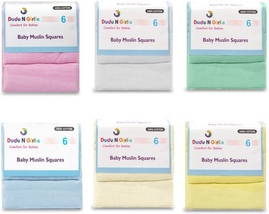 6 x (Cream/Blue) Supreme Quality Muslin Squares 100% Cotton 72X 72CM.
