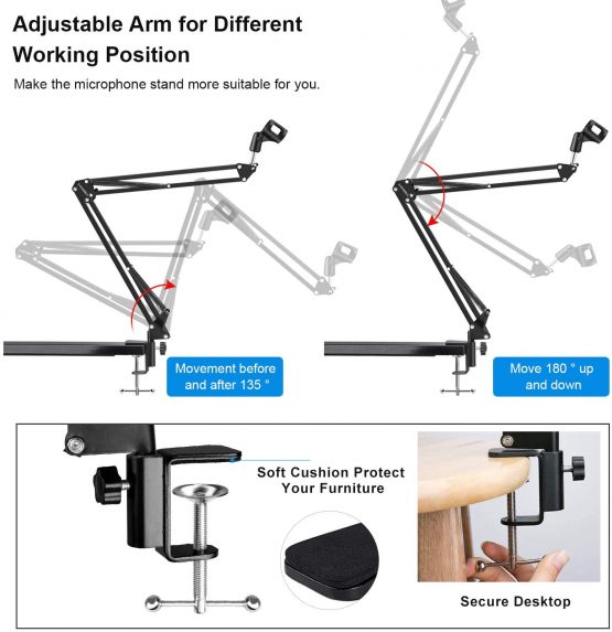 Earamble Adjustable Microphone Suspension Boom Scissor Arm Stand/Mic Stand Durable Steel with Table Mounting Clamp Suitable for Blue Yeti Snowball Microphone - Image 2