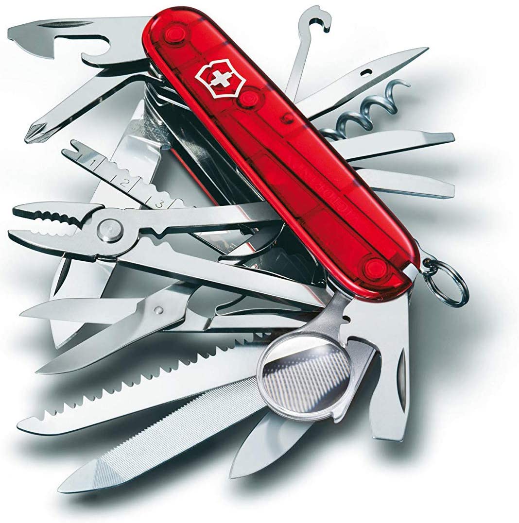 Victorinox Swiss Champ Swiss Army Knife, Medium, Multi Tool, 33 Functions, Blade, Scissors, Red Transparent