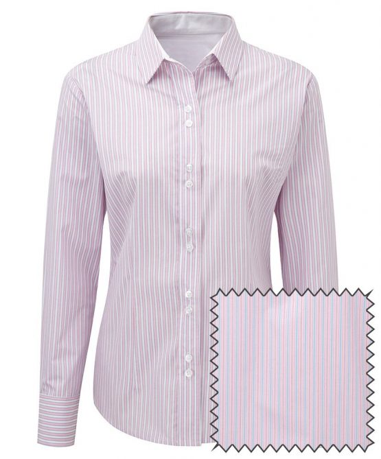 Alexandra STC-NF197P8-26 Women's Long Sleeve Stripe Shirt, 65% Polyester/35% Cotton, Size 26, Pink/Blue