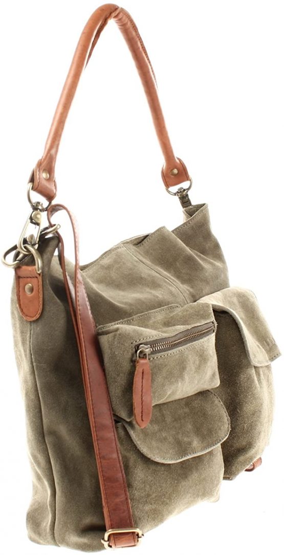 LECONI Shoulder Bag Vintage-Look Cow Suede + Leather Cross-Body Shopper Women Tote Handbag 41x32x10cm green LE0039-V - Image 3