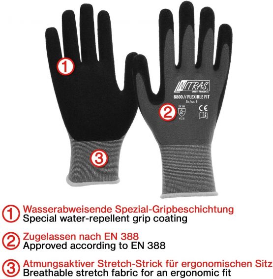 3 Pairs of Work gloves Nitras 8800 EN 388 Flexible Fit - Mechanic's gloves Assembly gloves Safety gloves Garden gloves Allround gloves (L) - Image 2