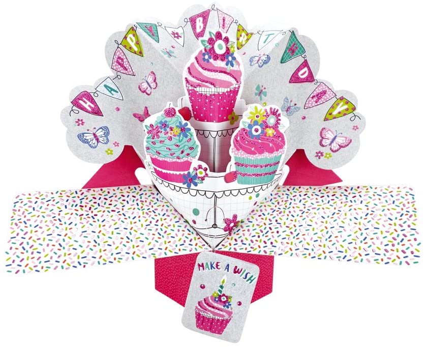 Second Nature Pop Ups Happy Birthday and Cupcakes Pop Up Greeting Card - POP134 POP134A, White/Pink, 21cm x 25cm