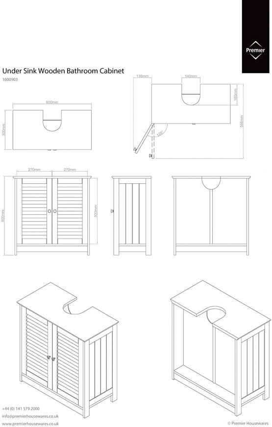 Premier Housewares Bathroom Cabinet Under Sink Unit Double Shutter Doors Bathroom Under Sink Cabinet Under Sink Cupboard Bathroom 60 X 60 X 30 Cm, White - Image 2