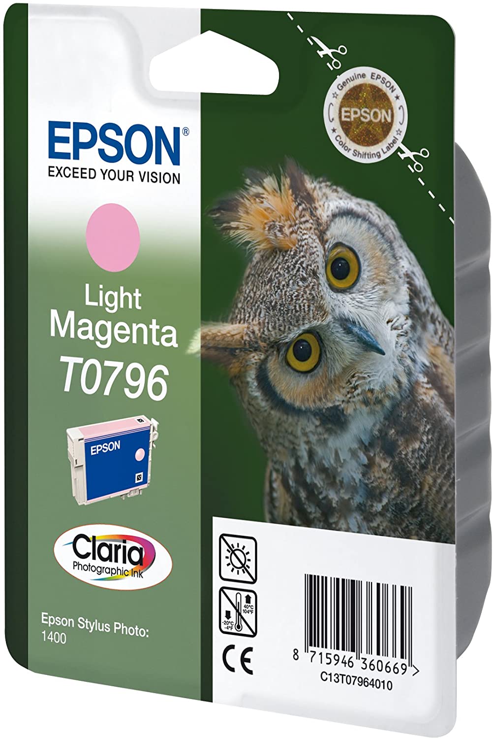 Epson T0796 Original Light Magenta red Ink Cartridge for Stylus Photo 1400 (Owl), Genuine, Magenta Light - Image 2