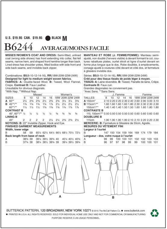 Butterick Patterns 6244 B5,Misses/Women's Coat and Dress,Sizes 8-10-12-14-16 - Image 2