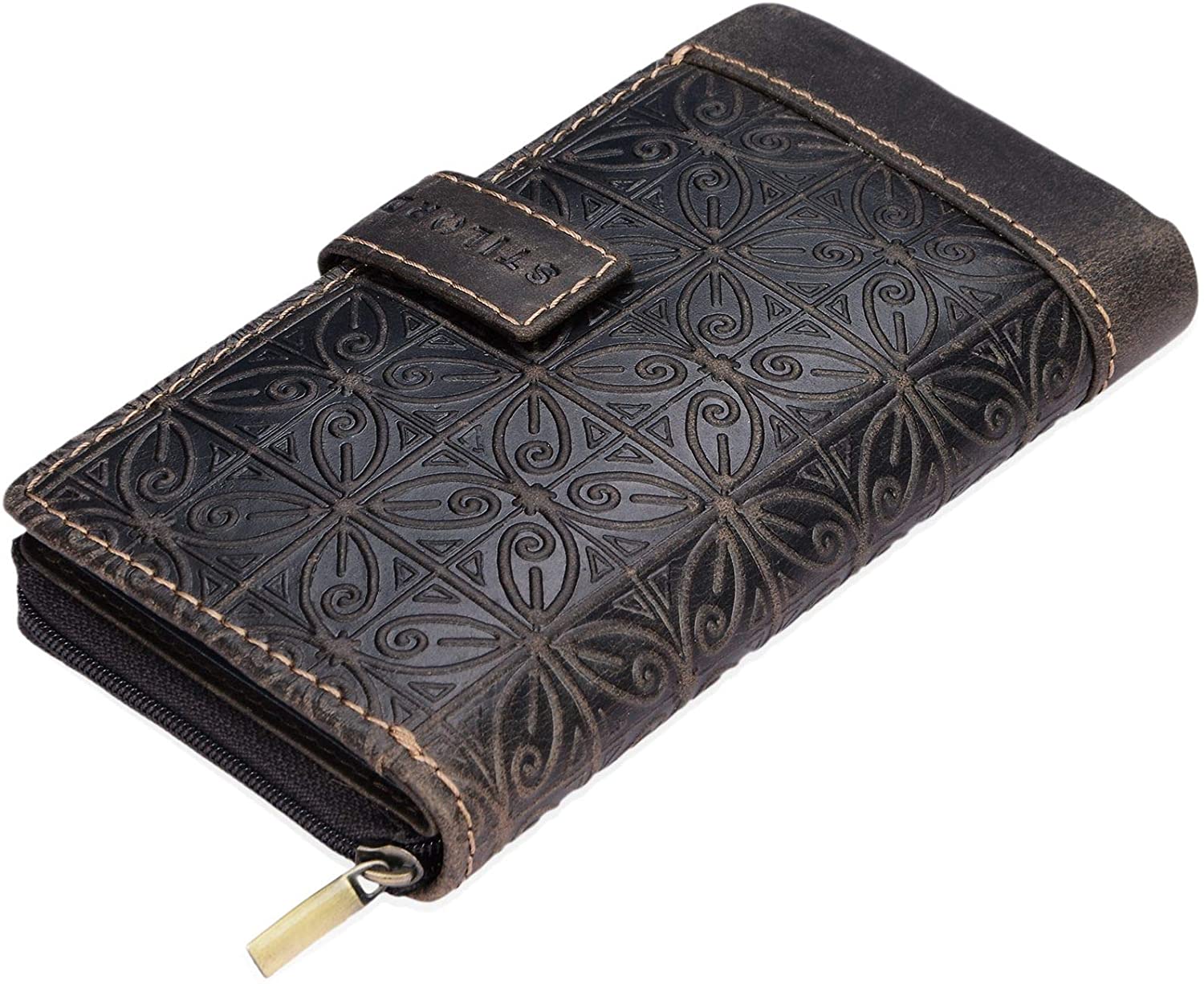 STILORD 'Greta' Vintage Leather Purse Wallet with Flower Embossment with Coin Storage 13 EC-Cards Horizontal Cow Hide Leather