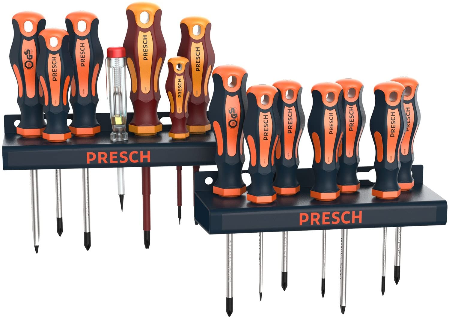 Presch Screwdriver Set 14 pcs, Magnetic Screwdriver Set including PH, Pozidrive, VDE Screwdrivers, Voltage Tester and Holder