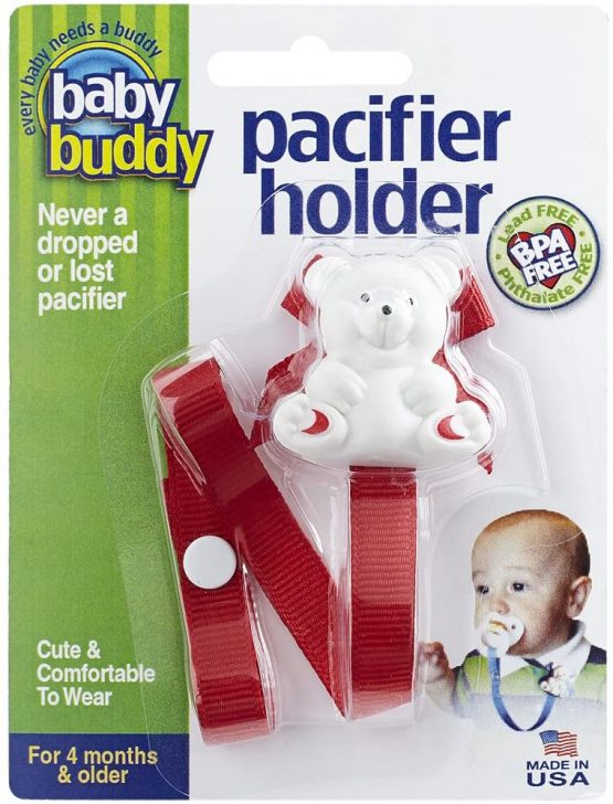 Baby Buddy Pacifier Holder Clip - Cute Fashionable Bear Clips onto Baby’s Shirt, Snaps to Paci, Teether, Toy - for Babies 4+ Months - Pacifier Clip for Toddlers Boys & Girls, Red, 1 Count
