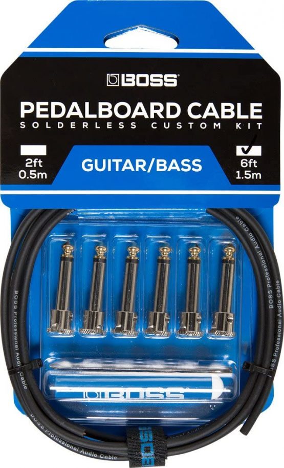 BOSS Bck-6 Solderless Pedalboard Cable Kit – 6 Foot Cable + 6 Right-Angle/Straight 1/4" Plug Connectors To Make 3 Custom Cables