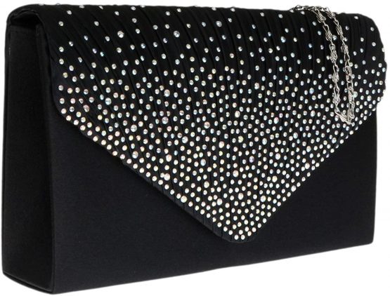 Girly HandBags Pleated Satin Clutch Bag Diamante Shoulder Chain Elegant Prom Wedding Evening - Image 2