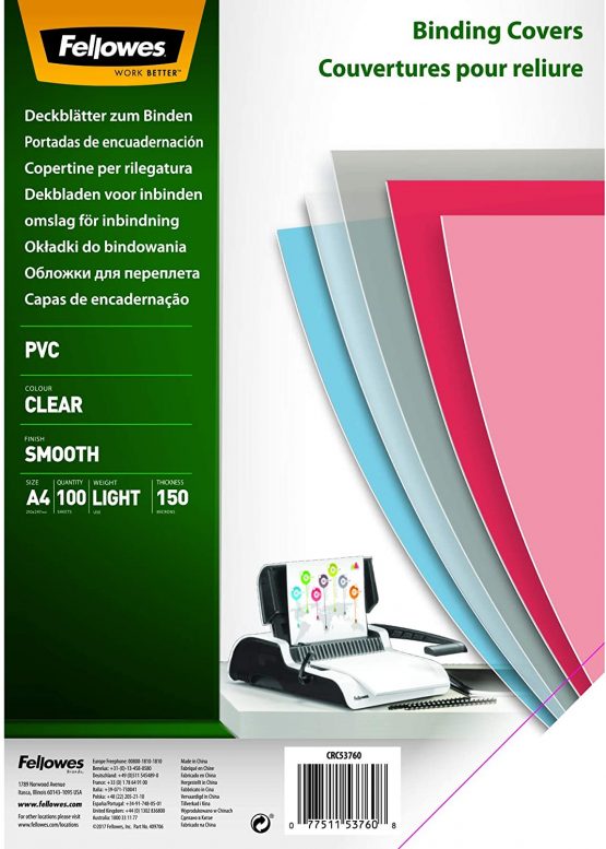 Fellowes A4 Binding Covers, PVC 150 Micron, Clear, Pack of 100, 5376001