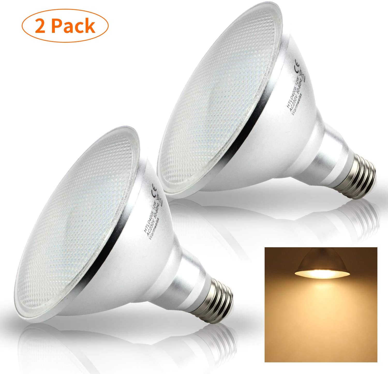 HiBay 2 Packs 12W E27 PAR38 LED Bulbs Spot Lights Warm White ES PAR 38 Floodlights IP20, Eqv. to 120W Halogen Reflector Lamps 240V
