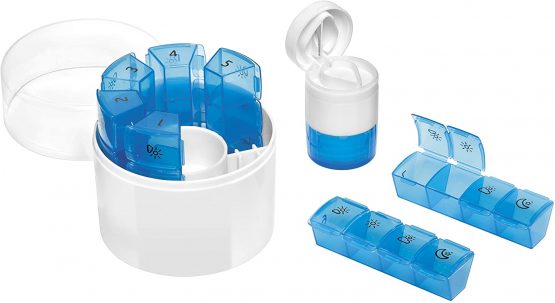 First Aid Only 7 Day Drug Dispenser with Tablet Divider and Pill Mortar, 7 Cassettes with 4 Printed Compartments, White/Blue, Plastic, P-100001 Units - Image 2