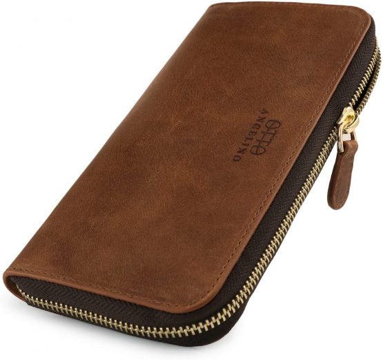 Otto Angelino Genuine Leather Zippered Clutch Purse with Phone Compatible Slots Wallet