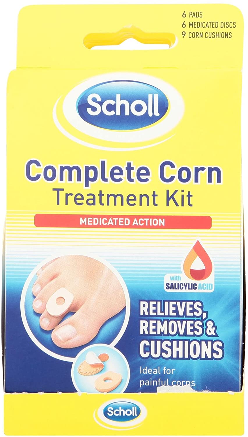 Scholl Complete Corn Removal Treatment Kit, 1 Pack, Medicated Action with Salicylic Acid, Includes 6 Pads, 6 Medicated Discs