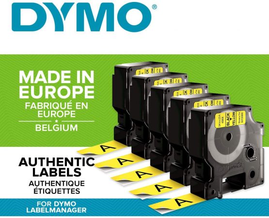 5 x Dymo D1 Standard Labelling Tape 45808 (S0720880) 19mm x 7m - Black on Yellow