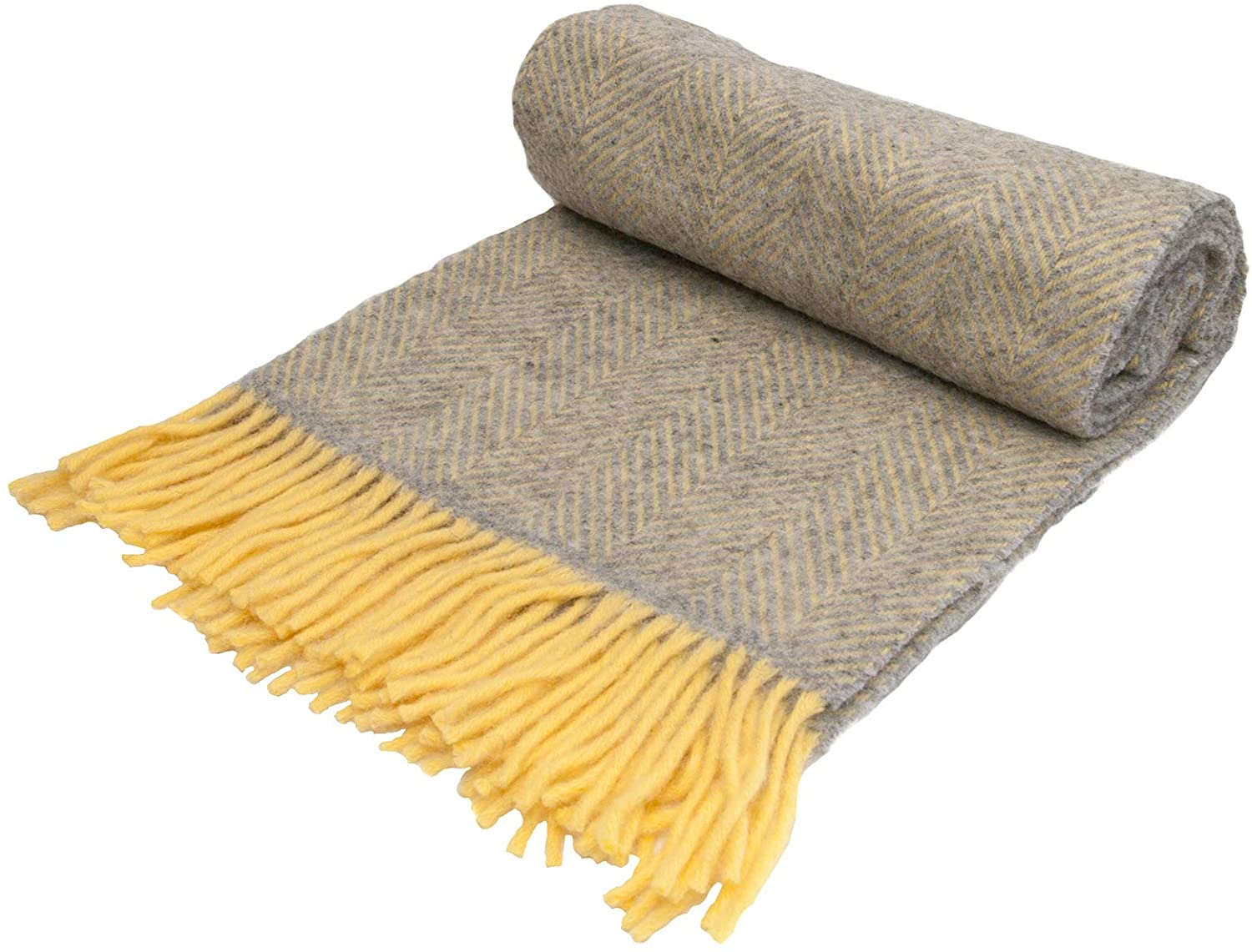 Herringbone - Pure New Wool - Knee Rug Throw Small Blanket - Silver Grey/Lemon - British Made by Tweedmill Textiles