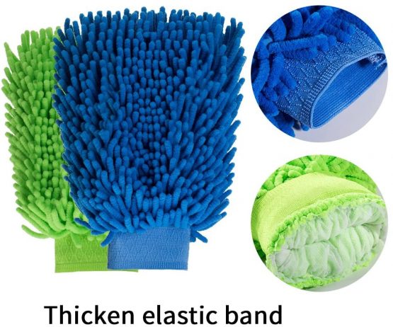 FMS Microfibre Car Wash Mitts Cleaning Gloves Super Absorbent Ultra-Soft Scratch-Free Double-Side Finger Brush for House Car Polishing Drying Green+Blue Pack 2 - Image 4