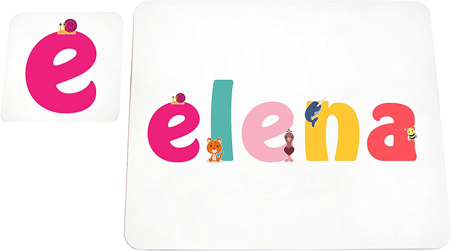 Little Helper Doily with Colourful Coaster Style Example with Girl's Name Elena, multicolour, placemat: 19 x 23cm coaster: 16 x 12cm