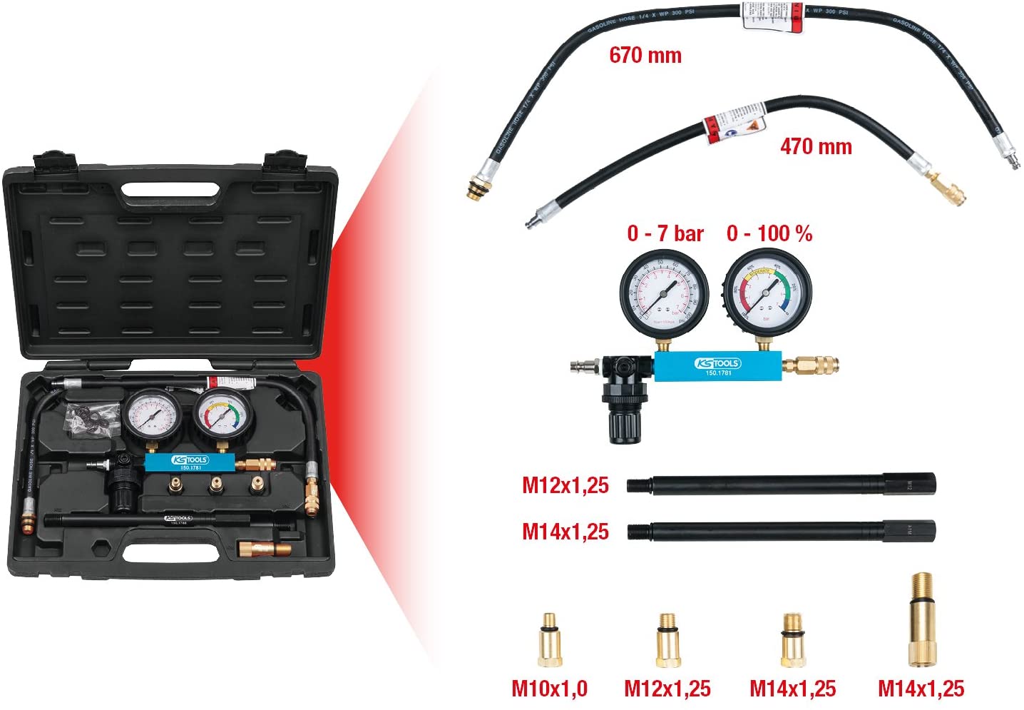 KS Tools 150.1780 Cylinder Leak Detector Pressure Tester Set, 9 pcs, Colour, Size - Image 2
