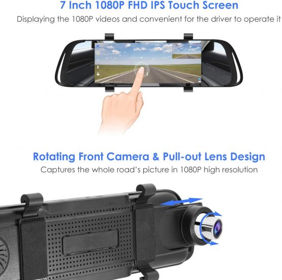Mirror Dash Cam, 7" IPS Touch Screen 1080P Rotating Front Camera and Rear View Camera Dual Lens Dash Cams for Cars Dashboard Camera Car DVR Recorder G-Sensor Parking Monitor - Image 2