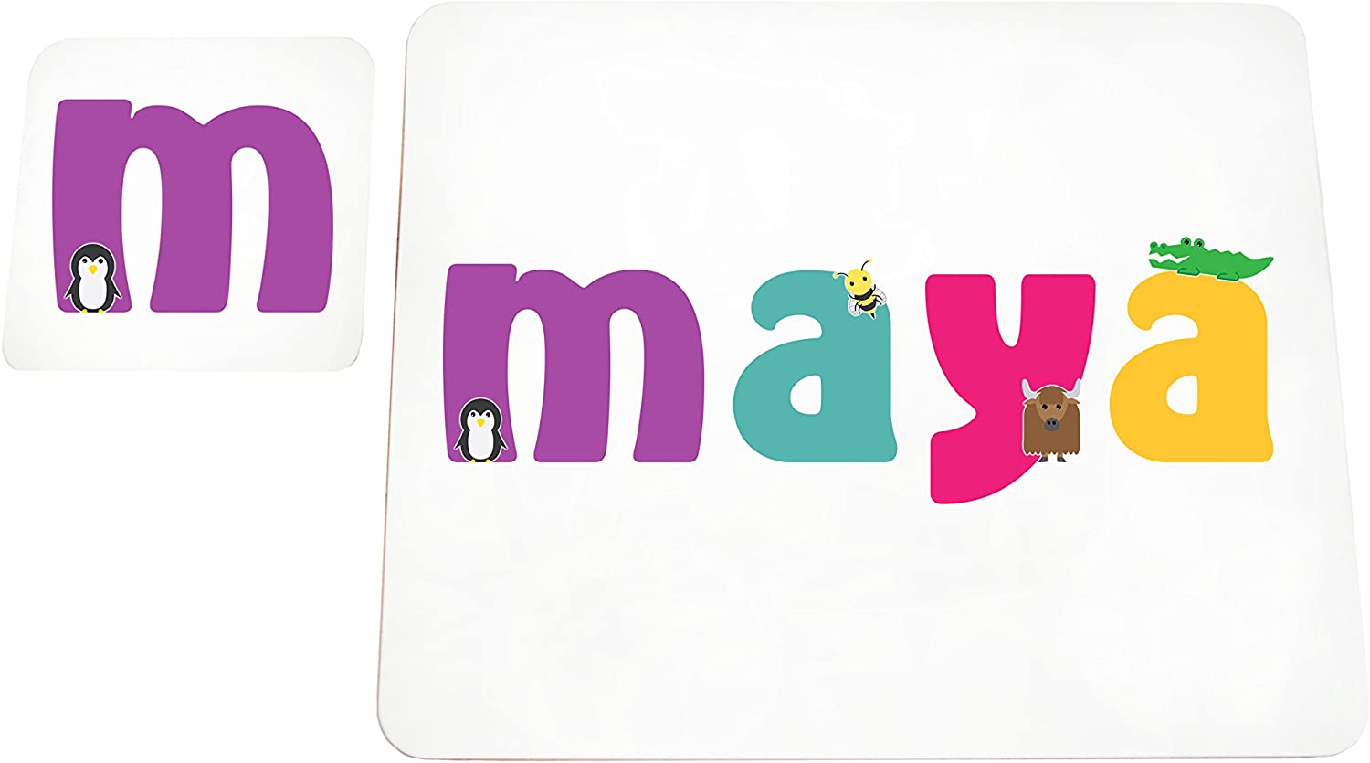 Little Helper Doily with Colourful Coaster Style Example with Girl's Name Maya, multicolour, placemat: 19 x 23cm coaster: 16 x 12cm