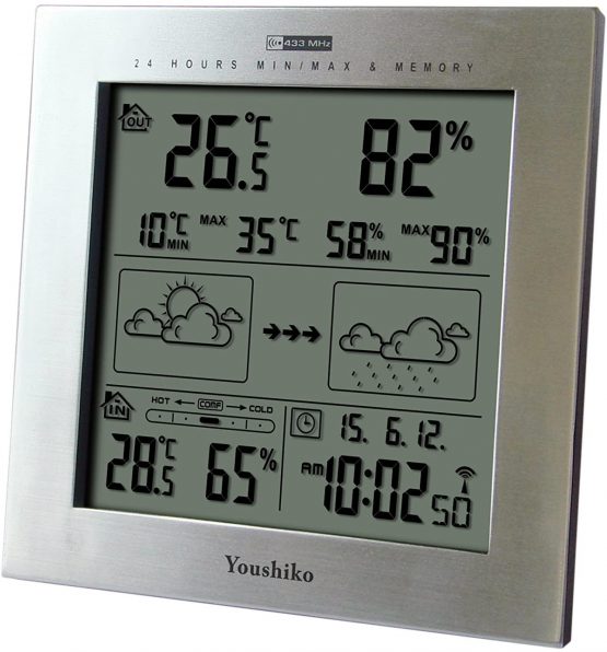 Youshiko Wireless Weather Station with Radio Controlled Clock (UK Version), Indoor Outdoor Temperature Thermometer, Humidity, Date & Frost Alarm, Maximum & Minimum with 24 Hour Auto Reset