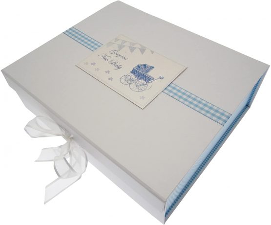 New Baby, Large Keepsake Box, Blue Pram & Bunting