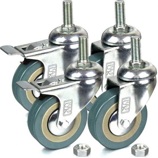 H&S 4 Castor Wheels Heavy Duty 75mm PU Rubber Swivel Trolley Furniture Caster with Brakes - Screw