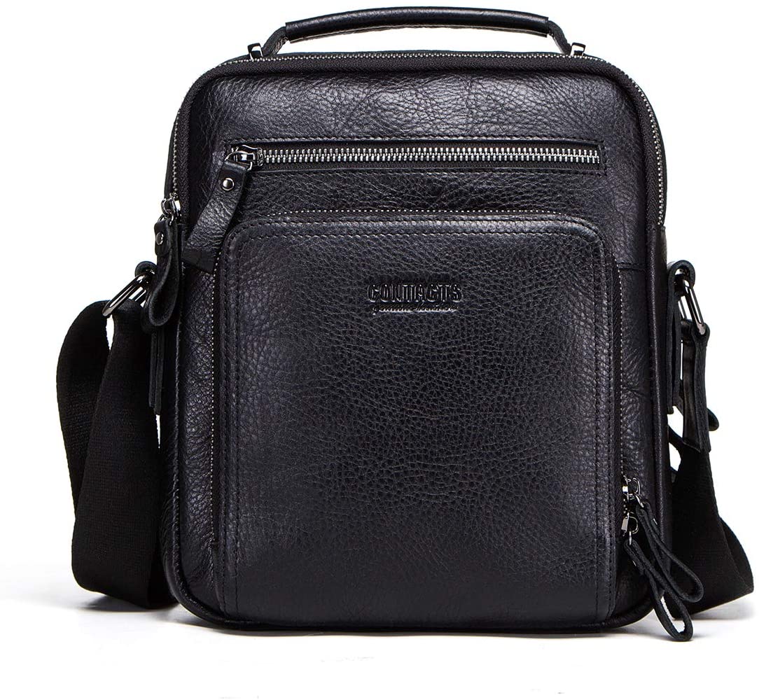 Shoulder Bag Mens Genuine Leather 7.9'' Mini Laptop Bag Tote Travel Small Crossbody Messenger Bag Multifunction Office Handbag(Black)