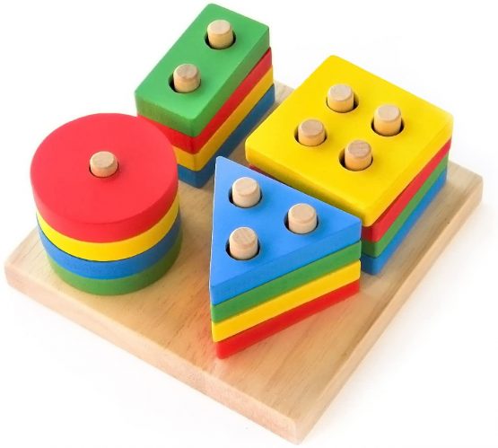 Boxiki kids Wooden Educational Geometric Stack and Sort Board Shape and Color Recognition Toy. Birthday gifts toy for Kids