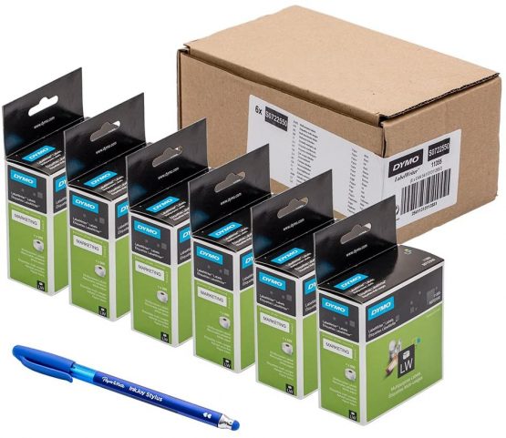 6 x Dymo S0722550 Original LabelWriter Multi-Purpose Labels, Removable, 11355, 19 x 51 mm, 500/Roll + PaperMate Pen Gift