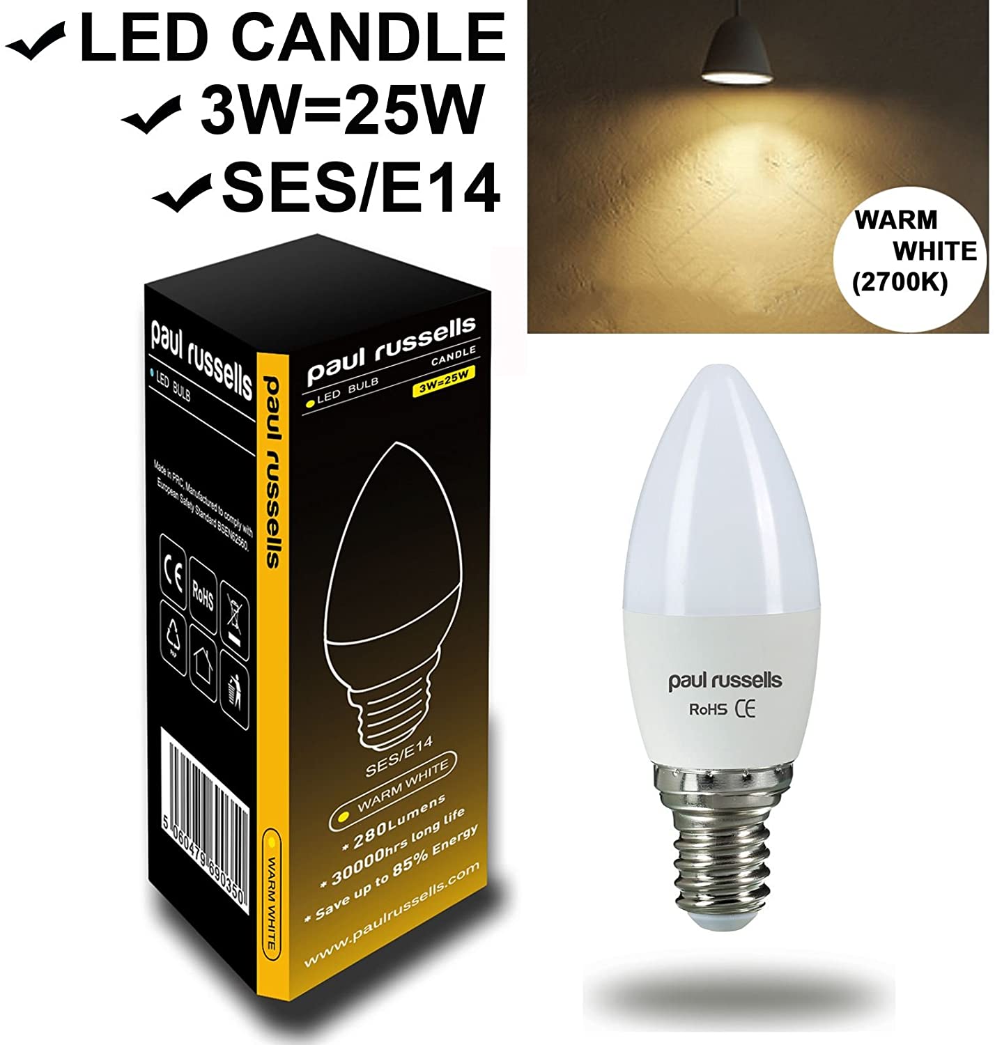 paul russells LED Light Small Edison Screw E14, 25watt Equivalent, 2.5W 250LM LED Bulbs, 2700K Warm White Lamps - Image 2