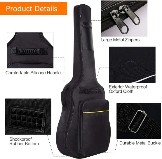 CAHAYA 40 41 Inch Acoustic Guitar Bag Waterproof Guitar Case Gig Bag 8MM Padding with Back Hanger Loop- Black Soft Case, CY0152 - Image 4