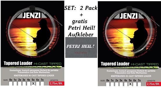 Jenzi Set: 2 Pack Tapered Leader Fly Trace 5X/0, 16/0, 52 + Petri Heil Sticker