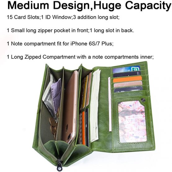 Contacts Womens Genuine Leather Wallet with Card ID Coin Holder Zipper Clutch Oyster Purse - Image 2