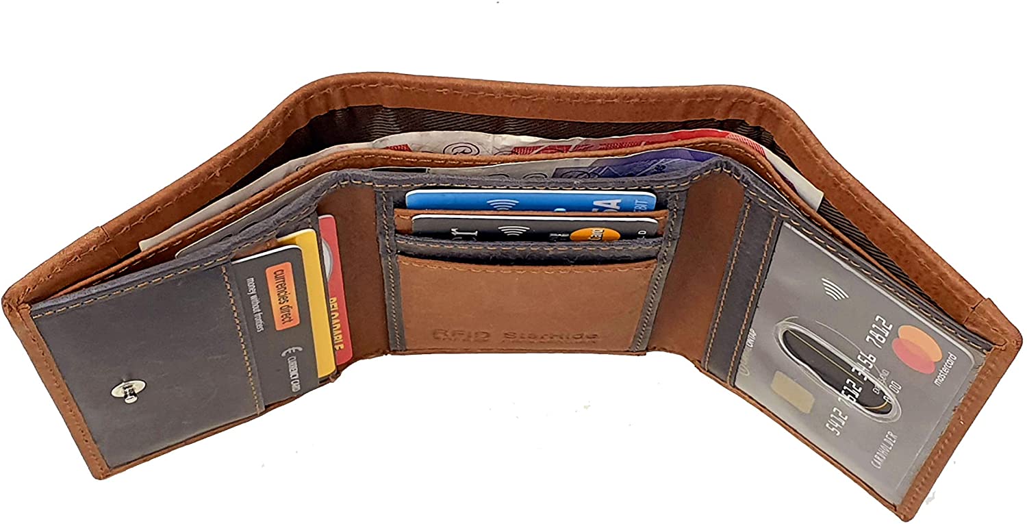 STARHIDE Mens RFID Blocking Trifold Distressed Hunter Leather and Canvas Wallet Credit Card Holder 805 Blue Brown - Image 3