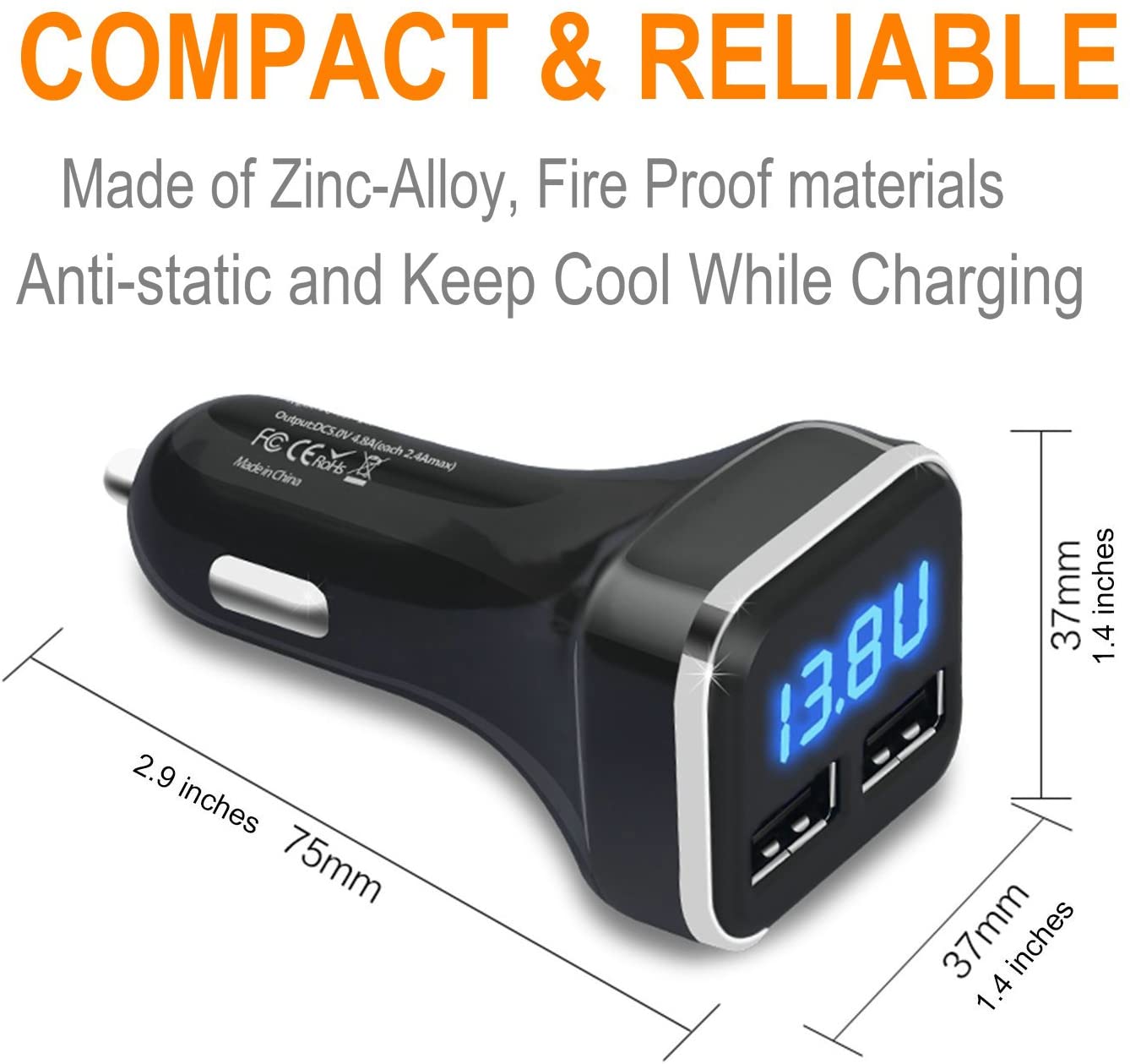 JEBSENS USB Car Charger, 4.8A 24W Dual Port Car Phone Charger with LED Voltage Meter, Cigarette Lighter Car Charger - Image 4