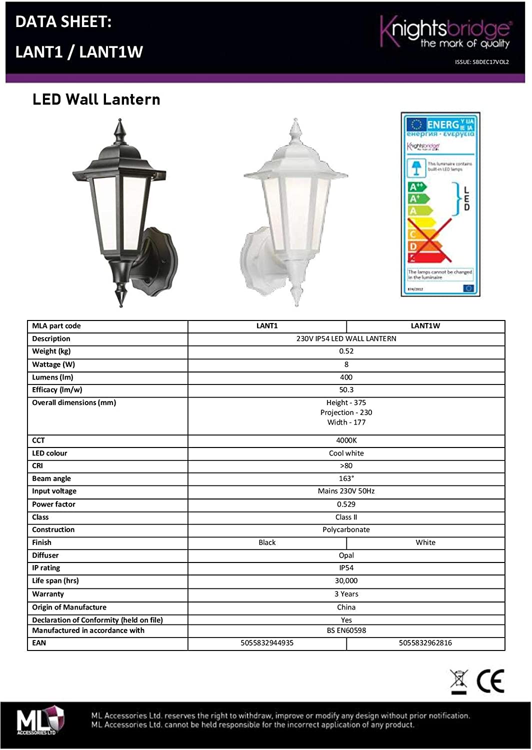 230V IP54 8W LED Wall Lantern, Black - Image 3