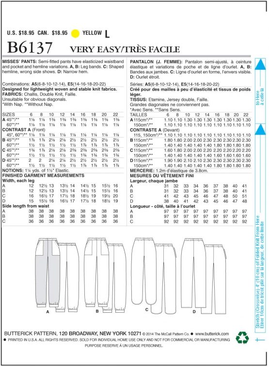 Butterick Patterns 6137 E5,Misses Pants,Sizes 14-16-18-20-22 - Image 2