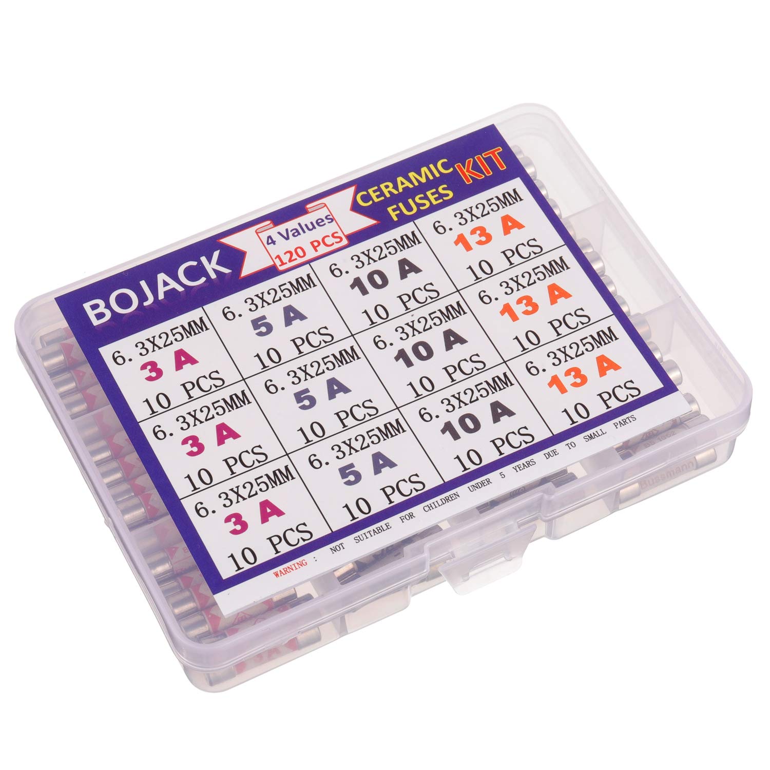 BOJACK 4 Values 120 pcs 3 5 10 13 A amp 240 V Volt Household Mains Plug Fuse 6.3x25 mm 0.25x1Inch BS1362 Ceramic Tube Cartridge Fuses Assortment Kit packag in a Clear Plastic Box - Image 3