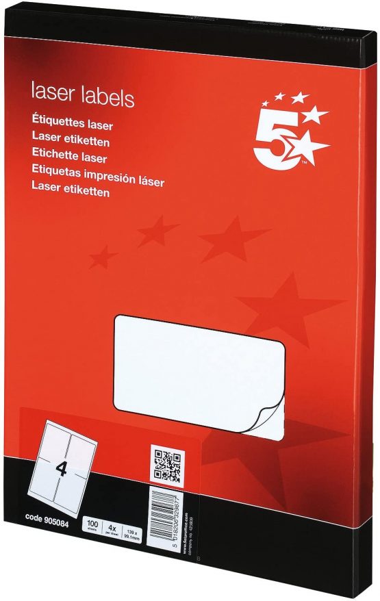 5 Star Addressing Labels Laser 4 per Sheet 139x99.1mm White [400 Labels]