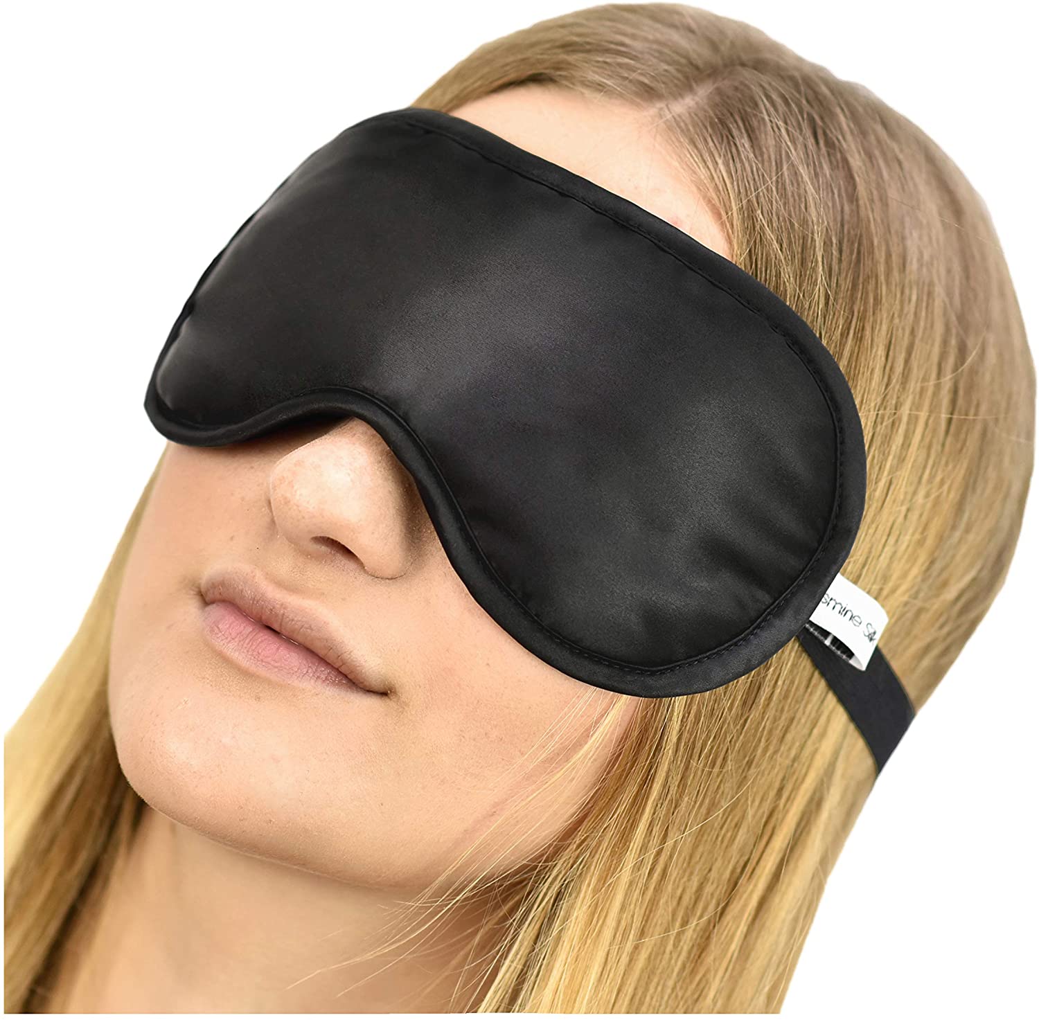 Jasmine Silk 100% Pure Silk Filled Eye Mask/Sleeping Mask Sleep Mask with Ajustable Comfortable Strap (Black)