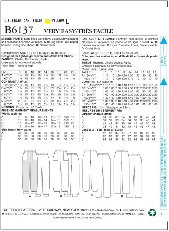Butterick Patterns 6137 E5,Misses Pants,Sizes 14-16-18-20-22 - Image 4